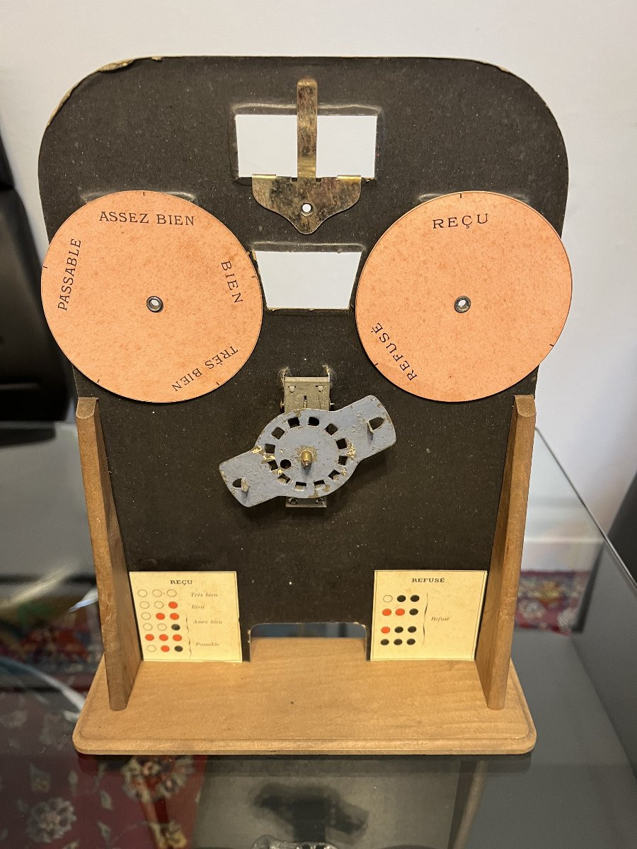 “Jeu de l’Examen” – Jeu mécanique ancien vers 1900 – Complet + disques + boîte-photo-4