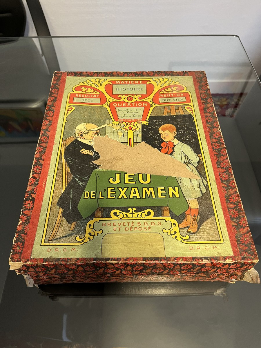 “Jeu de l’Examen” – Jeu mécanique ancien vers 1900 – Complet + disques + boîte-photo-1