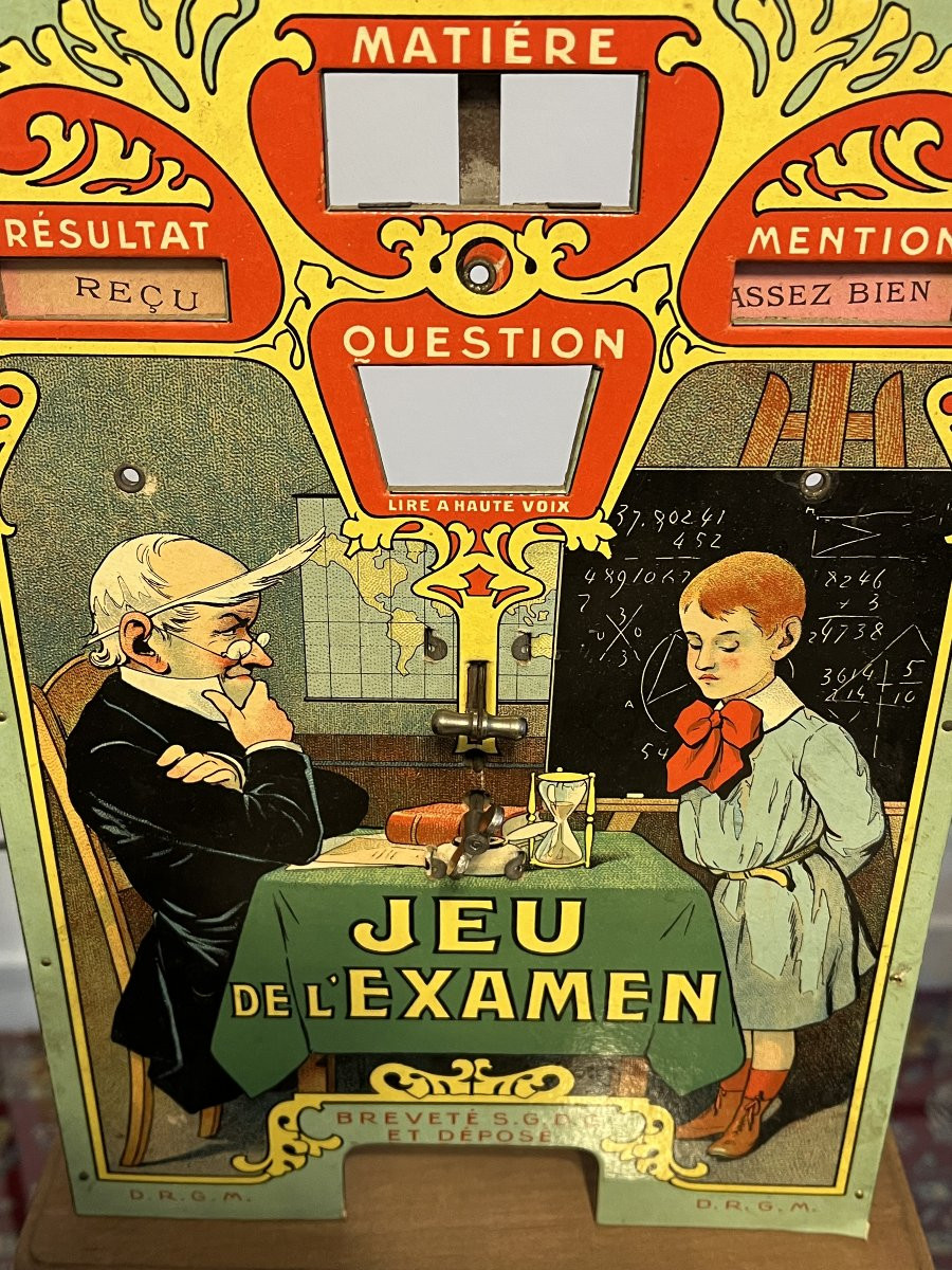 “Jeu de l’Examen” – Jeu mécanique ancien vers 1900 – Complet + disques + boîte-photo-3
