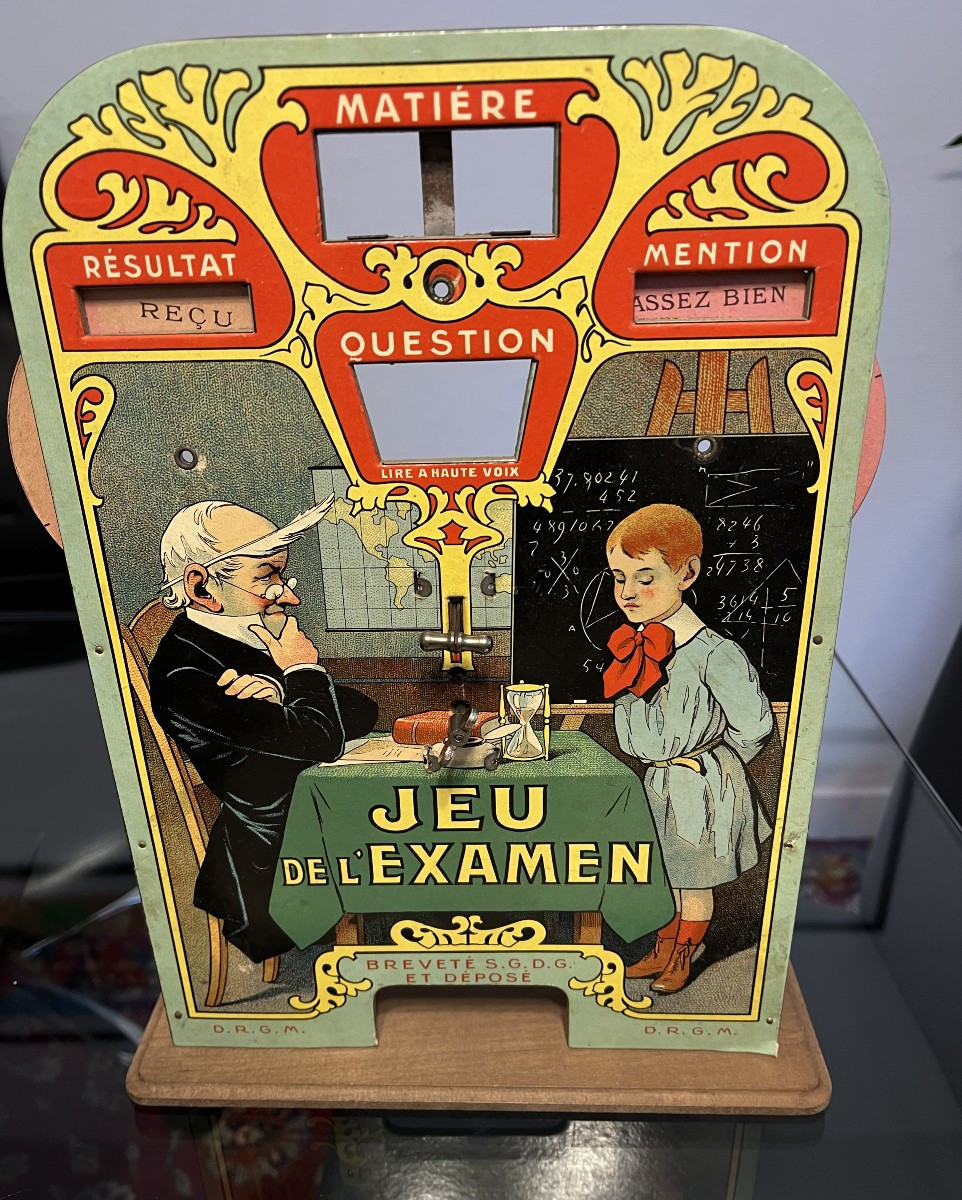 “Jeu de l’Examen” – Jeu mécanique ancien vers 1900 – Complet + disques + boîte