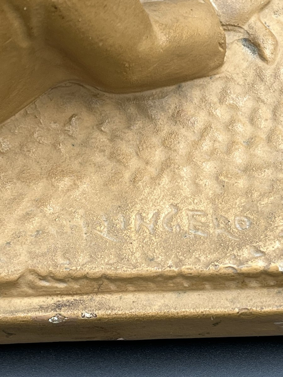 Antique Glazed Terracotta Sculpture – Child And Goose – Signed-photo-2