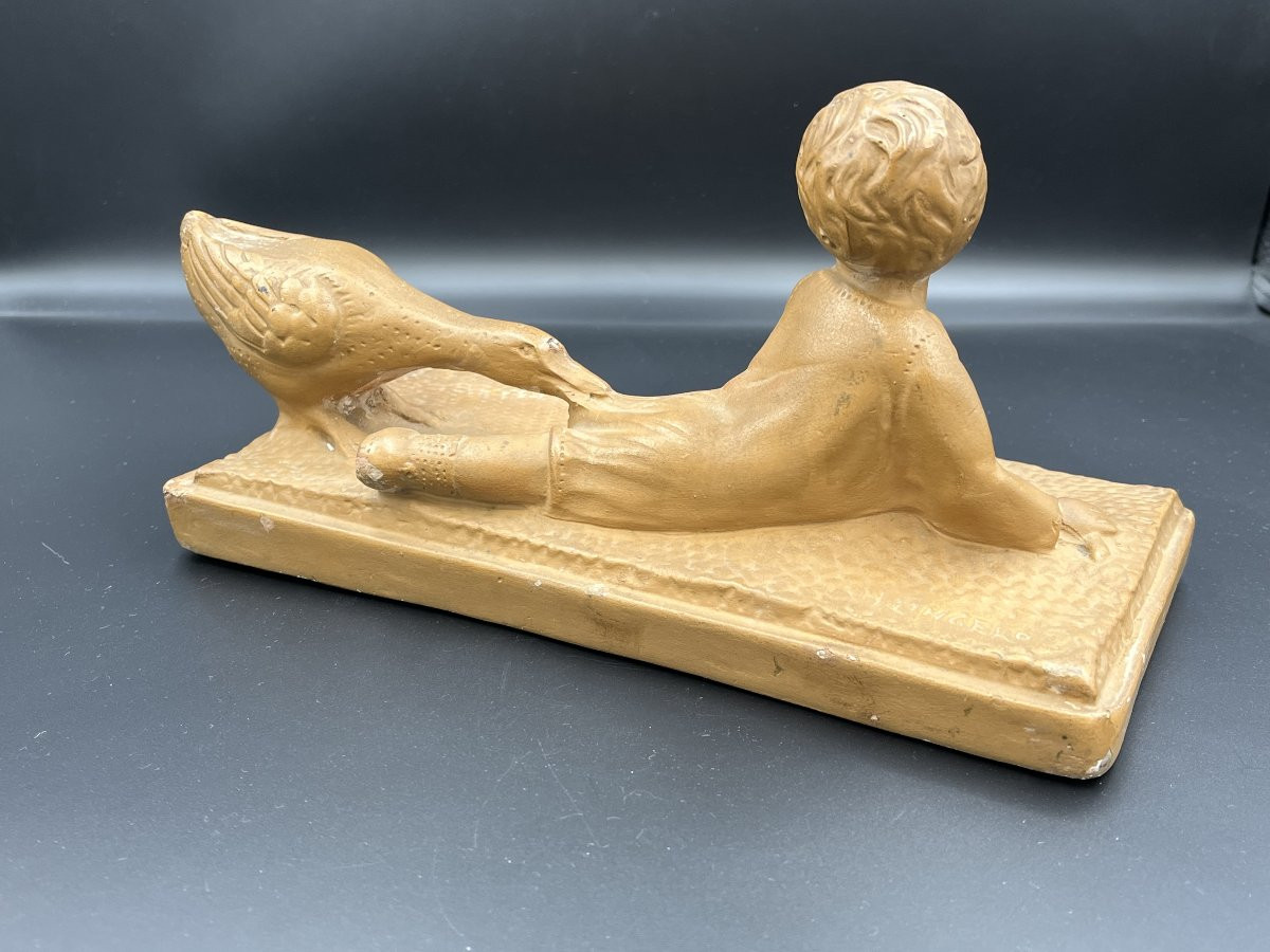 Antique Glazed Terracotta Sculpture – Child And Goose – Signed-photo-4