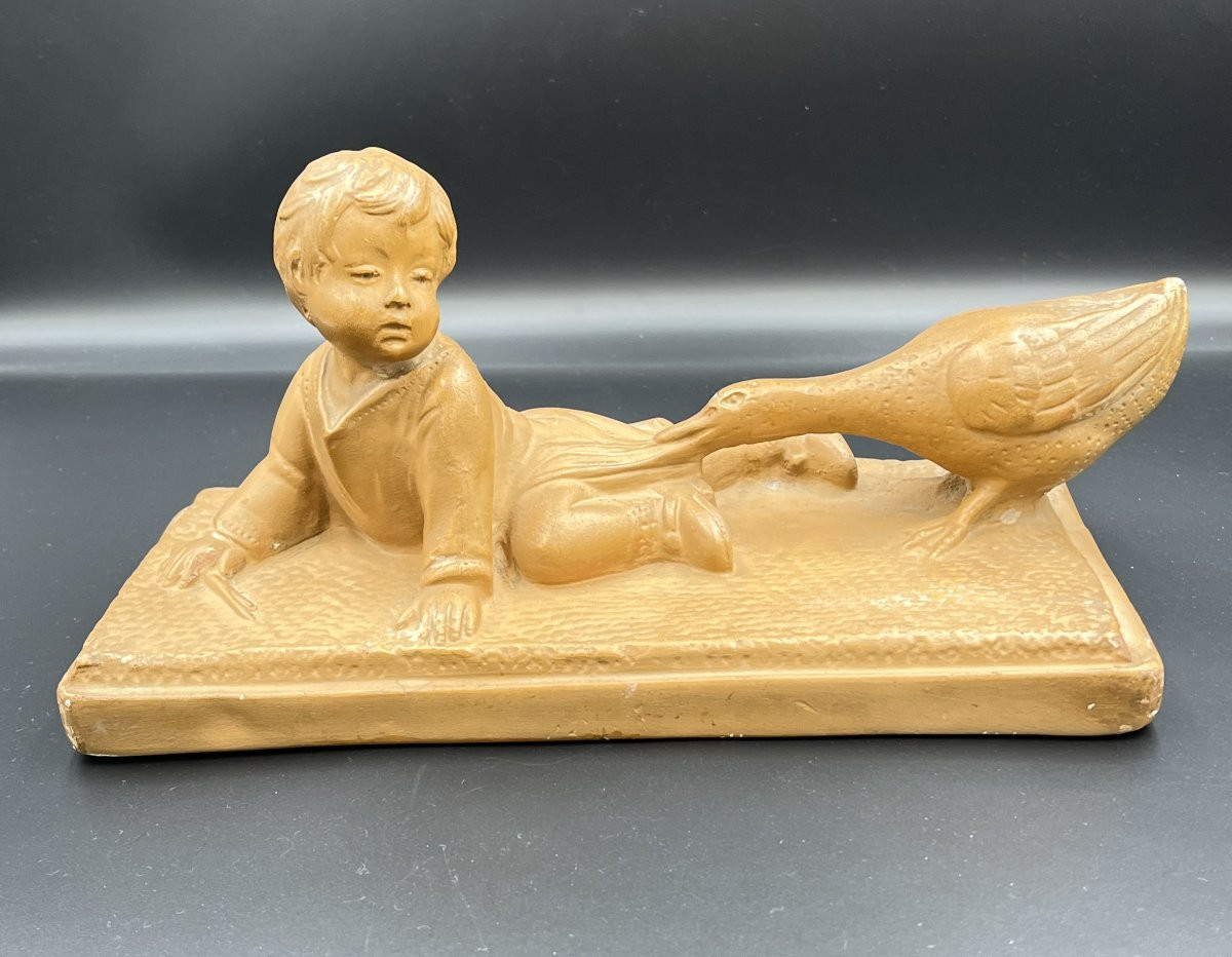 Antique Glazed Terracotta Sculpture – Child And Goose – Signed-photo-1