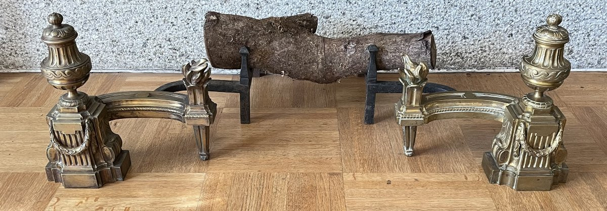 Pair Of Solid Bronze Andirons - Louis XVI Style - 19th Century-photo-1