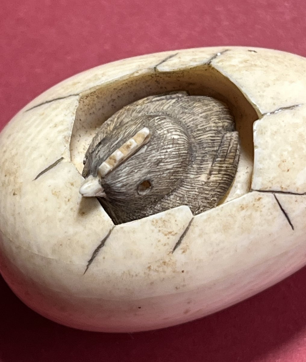 Netsuke japonais ancien – poussin sortant de l’œuf – signature Mitsuhiro -photo-1