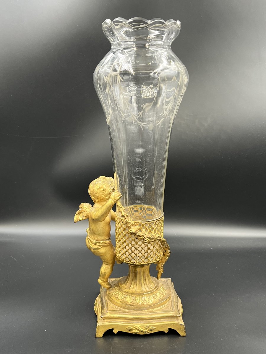 Crystal And Gilded Bronze Vase Decorated With Putti – Napoleon III Period-photo-1