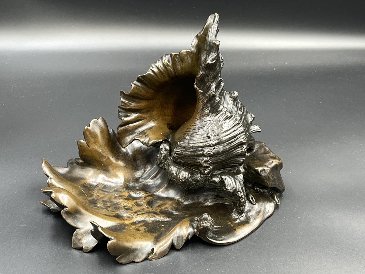 Patinated Bronze Inkwell With A Marine Motif Featuring A Seashell And A Crab — France, Circa 1900-photo-4