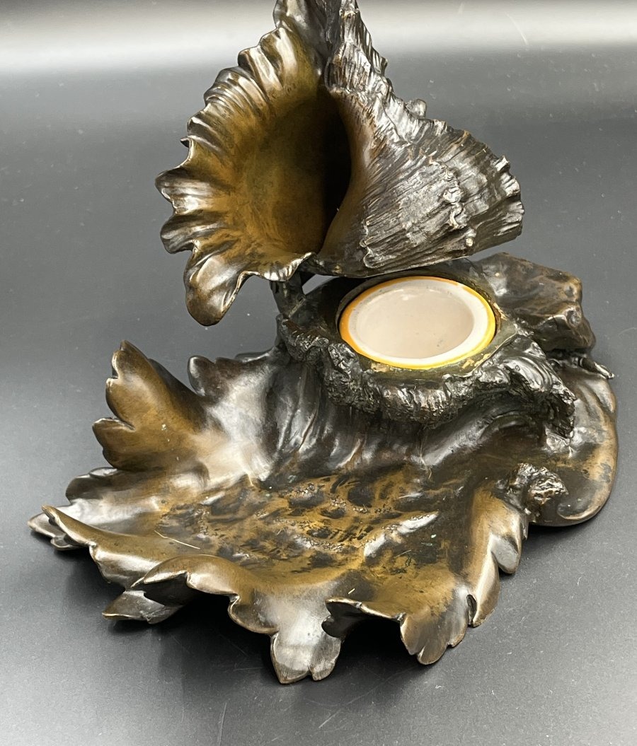 Patinated Bronze Inkwell With A Marine Motif Featuring A Seashell And A Crab — France, Circa 1900