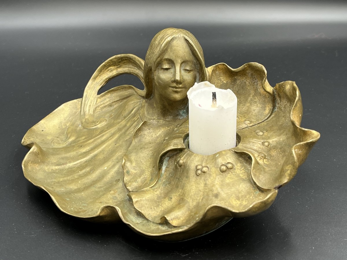 Art Nouveau Candlestick In Gilded Bronze, Signed Anglès – Circa 1900-photo-2