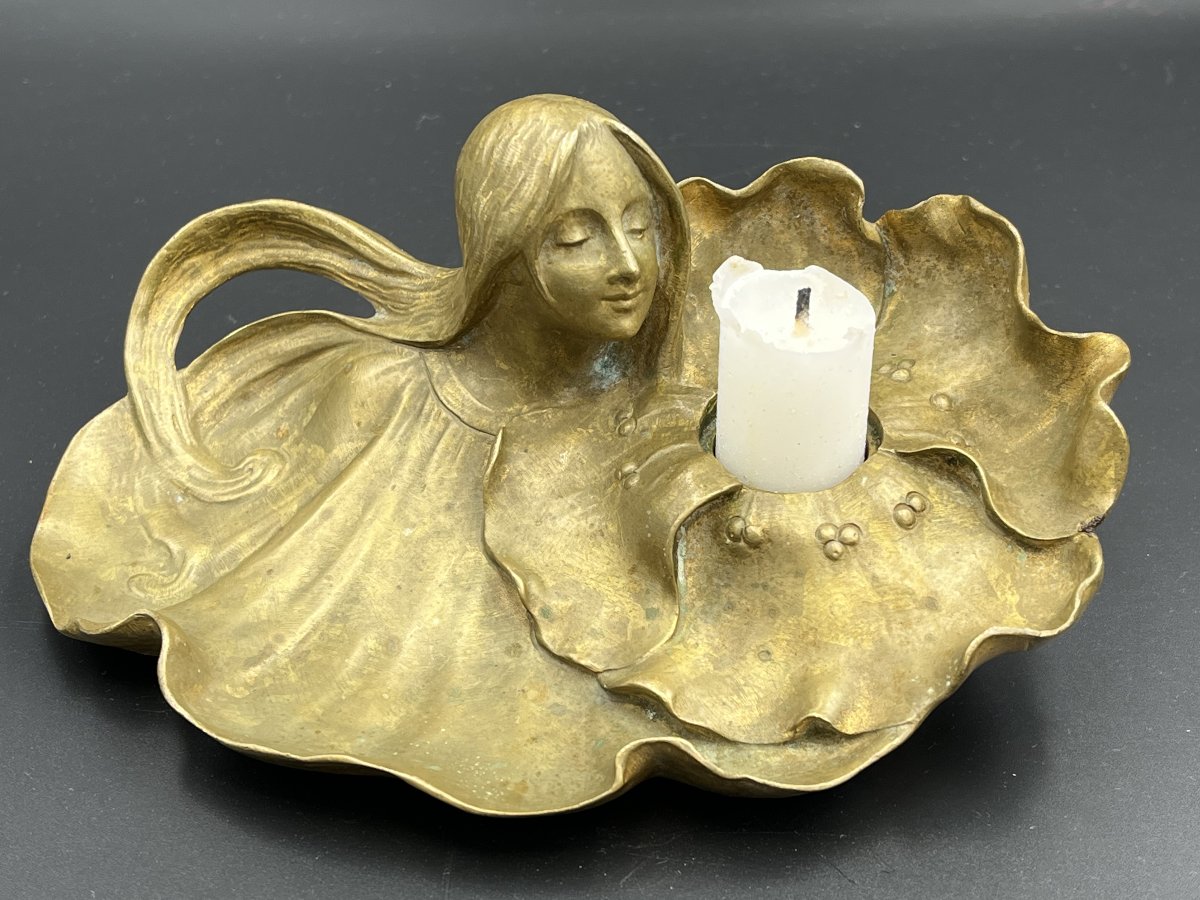 Art Nouveau Candlestick In Gilded Bronze, Signed Anglès – Circa 1900-photo-3