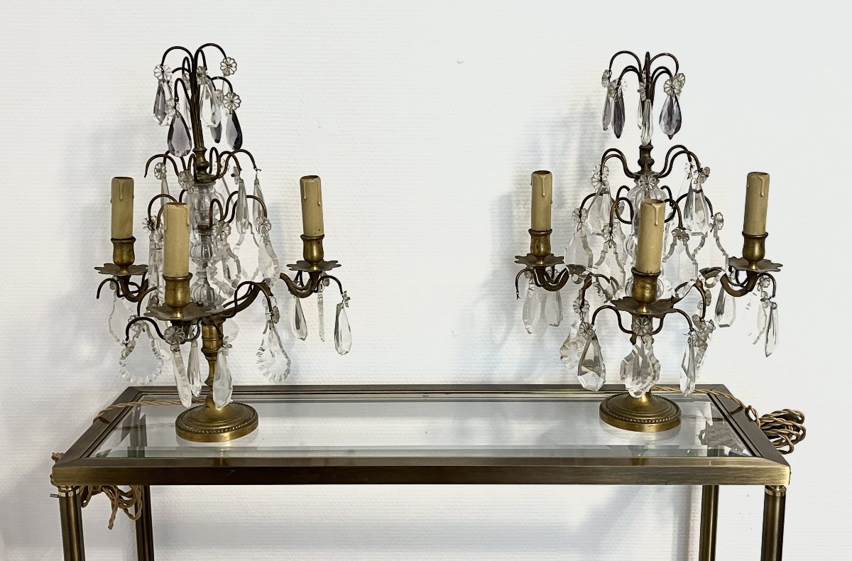 Paire de girandoles en bronze doré et cristal taillé – Style Louis XV – XIXe siècle-photo-4