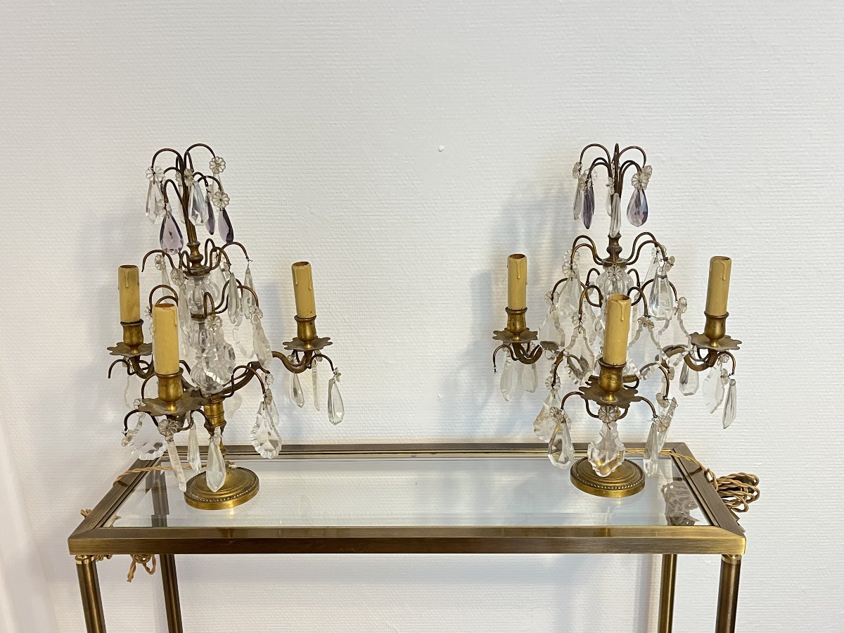Paire de girandoles en bronze doré et cristal taillé – Style Louis XV – XIXe siècle