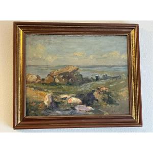 Oil On Canvas Signed P. Bouchaud, Authentic Breton Scene