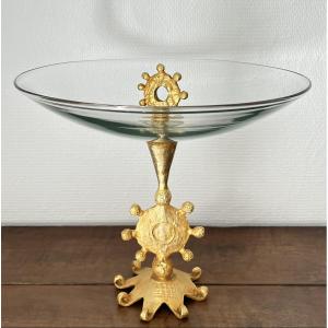 Brutalist Gilded Bronze And Glass Centerpiece Cup - Signed Pierre Casenove