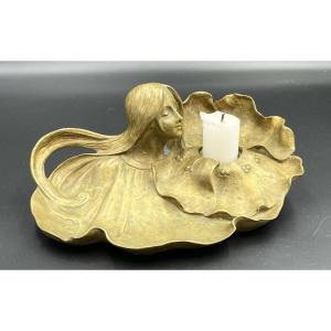 Art Nouveau Candlestick In Gilded Bronze, Signed Anglès – Circa 1900