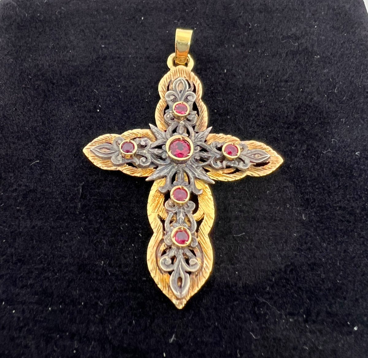 Cross Pendant In 18 Kt Gold And Silver Italy Debut Du XX Sec.-photo-4