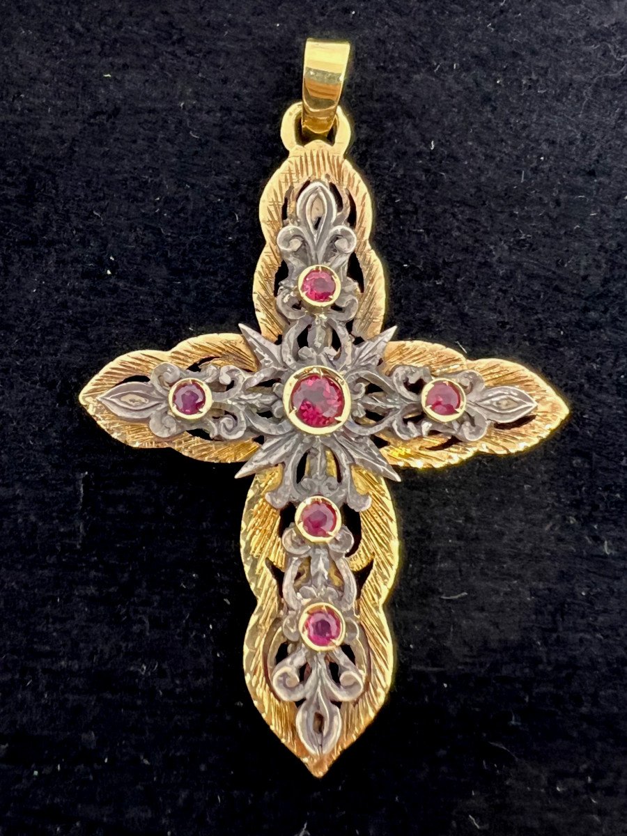 Pendentif Croix En Or 18 Kt  Et Argent Italie Debut Du XX Sec.