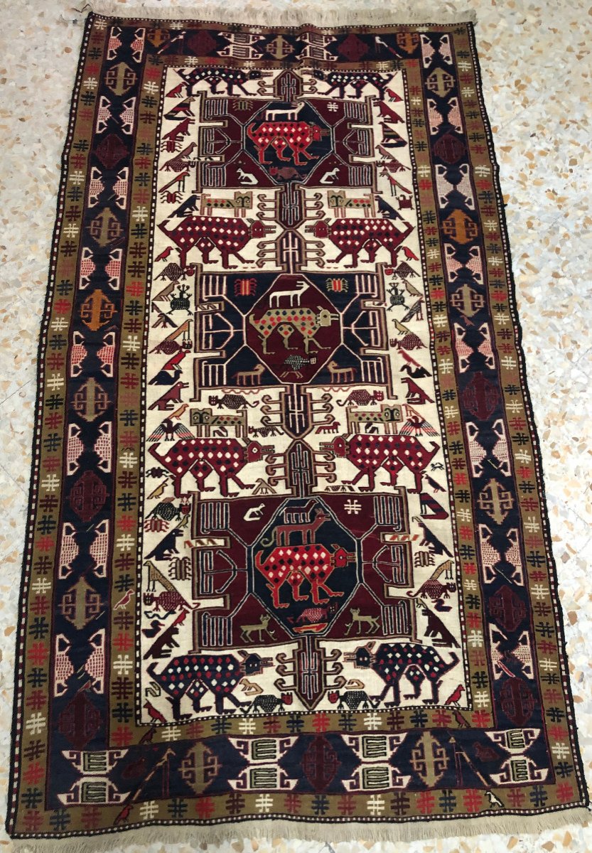 Kilim Soumak, Azerbaïdjan Iranien, 213 Cm X 118  Cm, Noué Main Vers 1970, Très Bon état