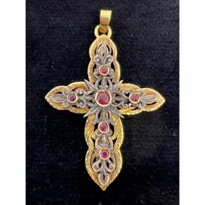 Cross Pendant In 18 Kt Gold And Silver Italy Debut Du XX Sec.