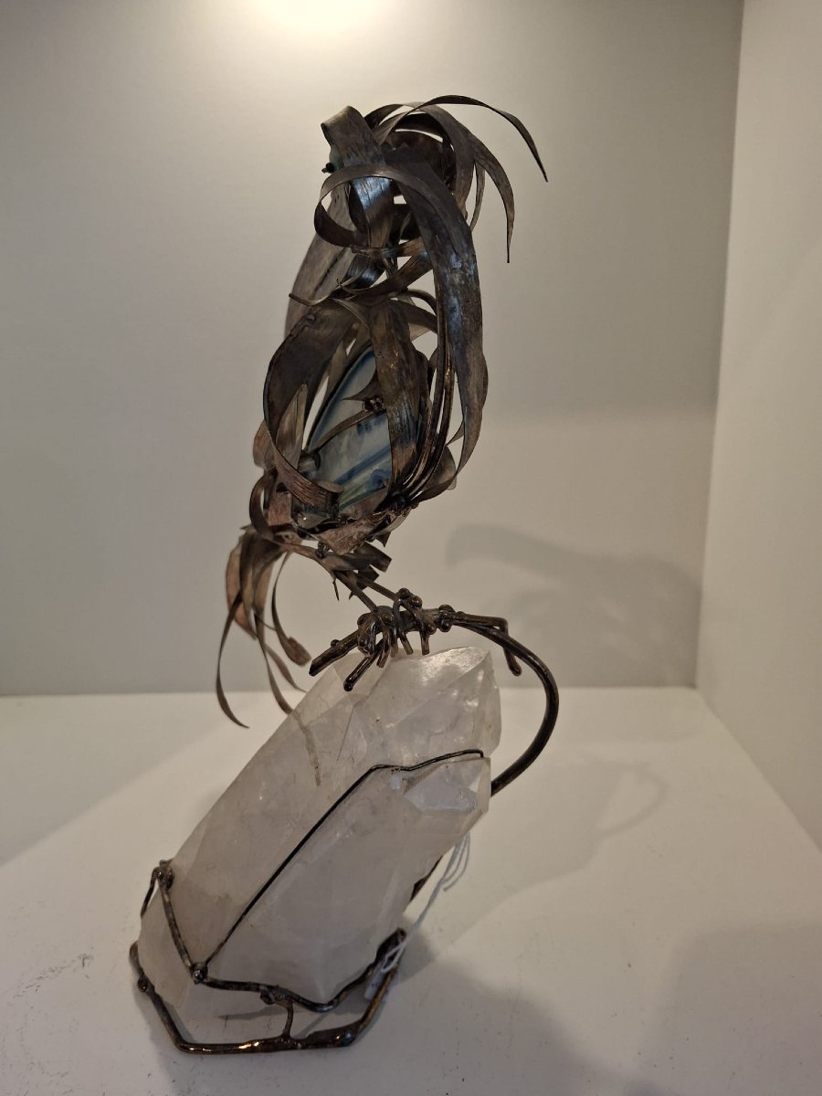 Oiseau italien du milieu du siècle en argent et pierre.-photo-2