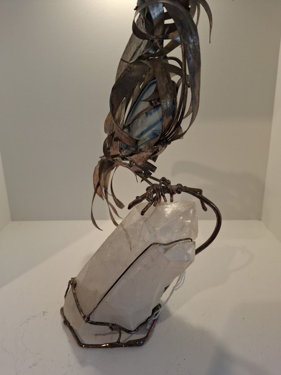 Oiseau italien du milieu du siècle en argent et pierre.-photo-1