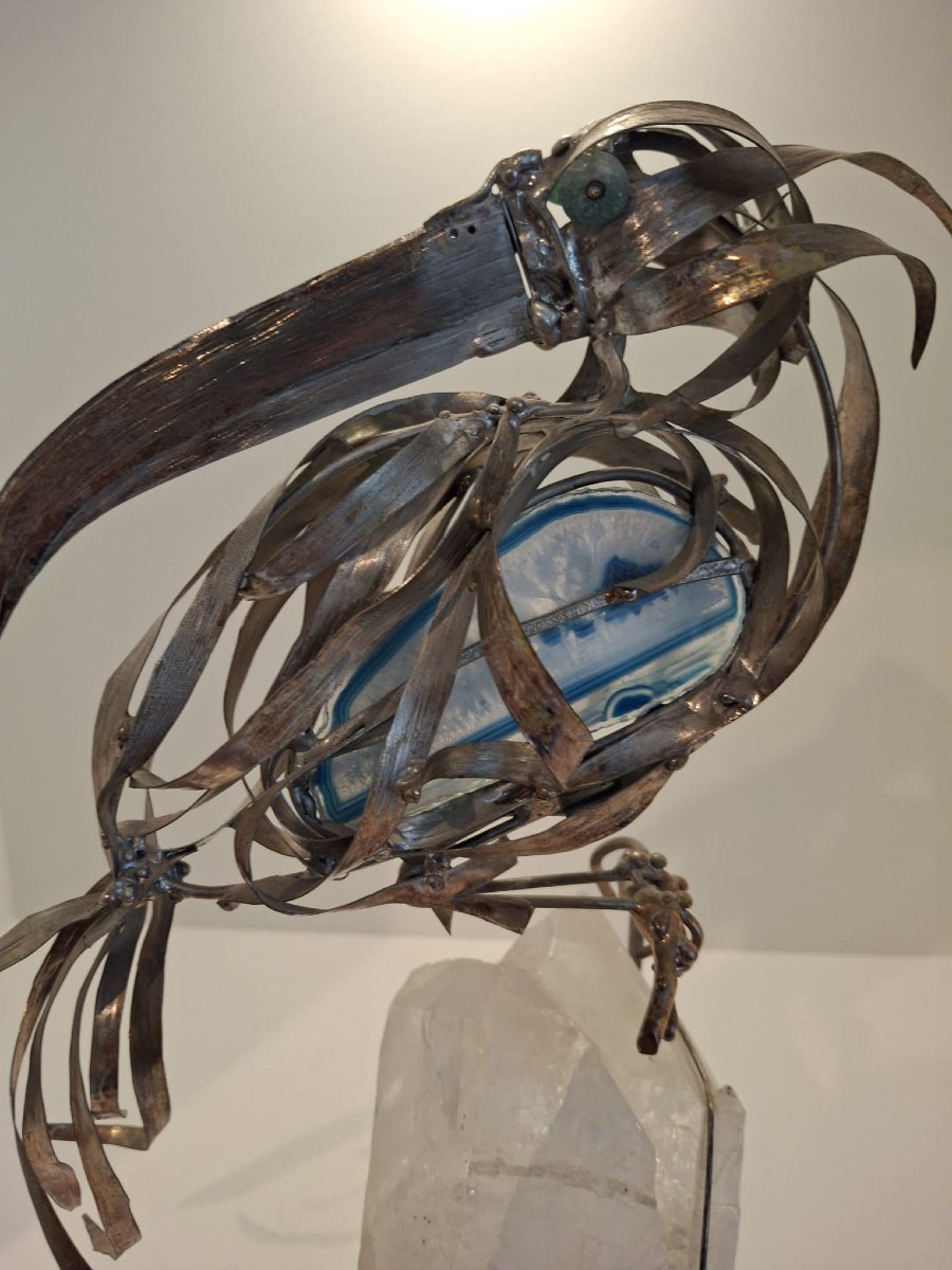 Oiseau italien du milieu du siècle en argent et pierre.-photo-2