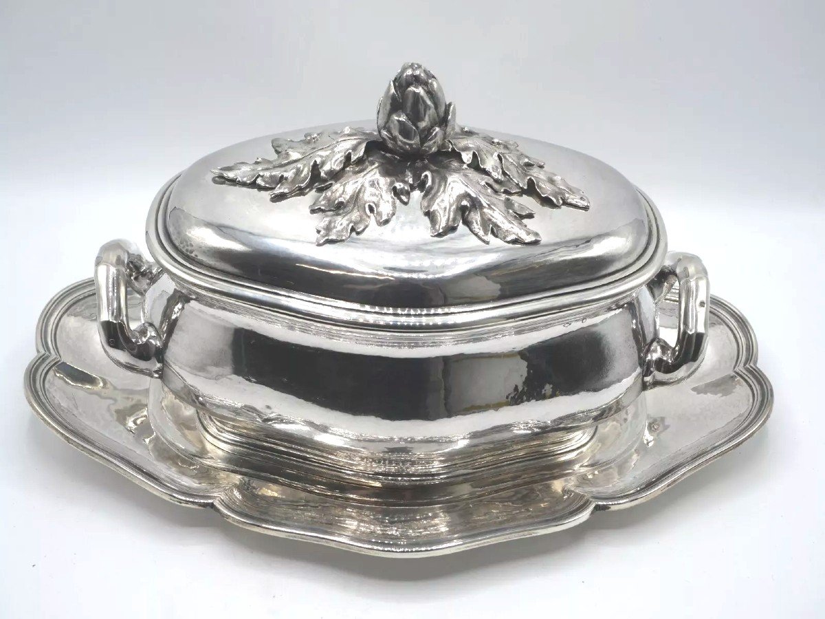 Vegetable Dish Or Covered Terrine And Its Sleeper In Solid Silver 18th Century Decor-photo-1