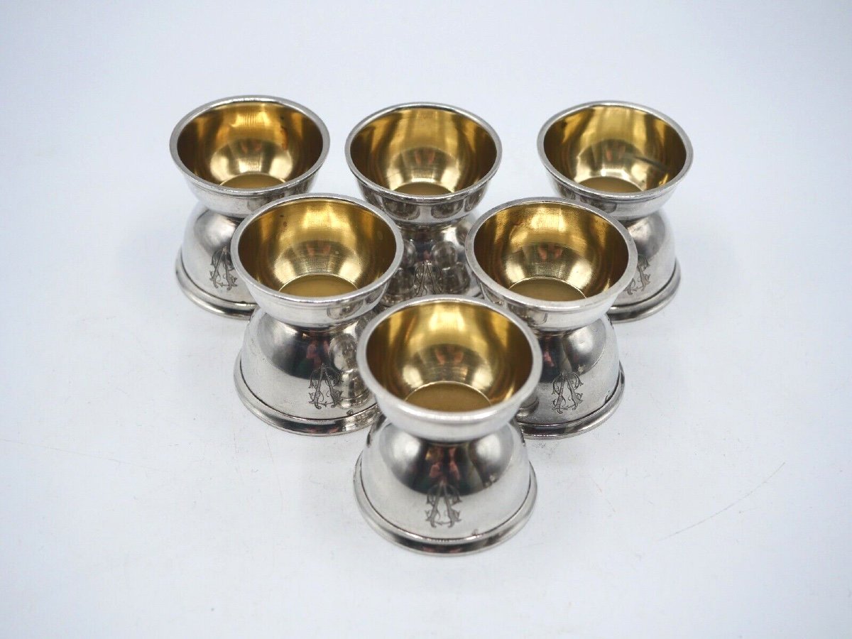 Set Of 6 Diabolo Egg Cups In Solid Silver And Vermeil By Berger And Neume-photo-3