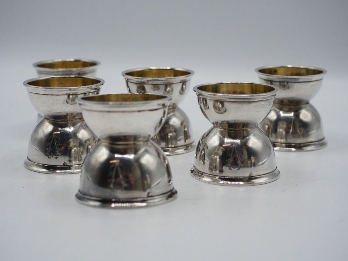 Set Of 6 Diabolo Egg Cups In Solid Silver And Vermeil By Berger And Neume-photo-5