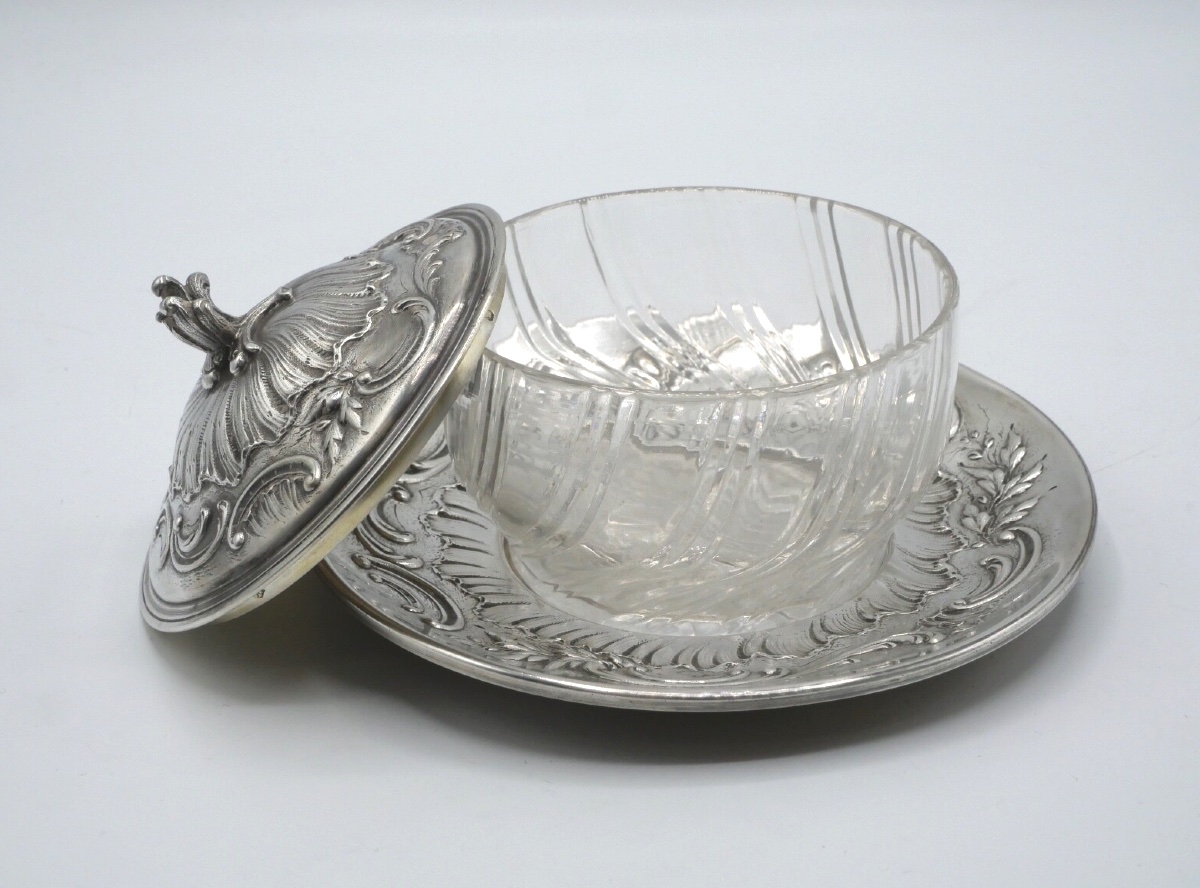Petit Drageoir Ou Beurrier En Argent Massif Et Verre-photo-1