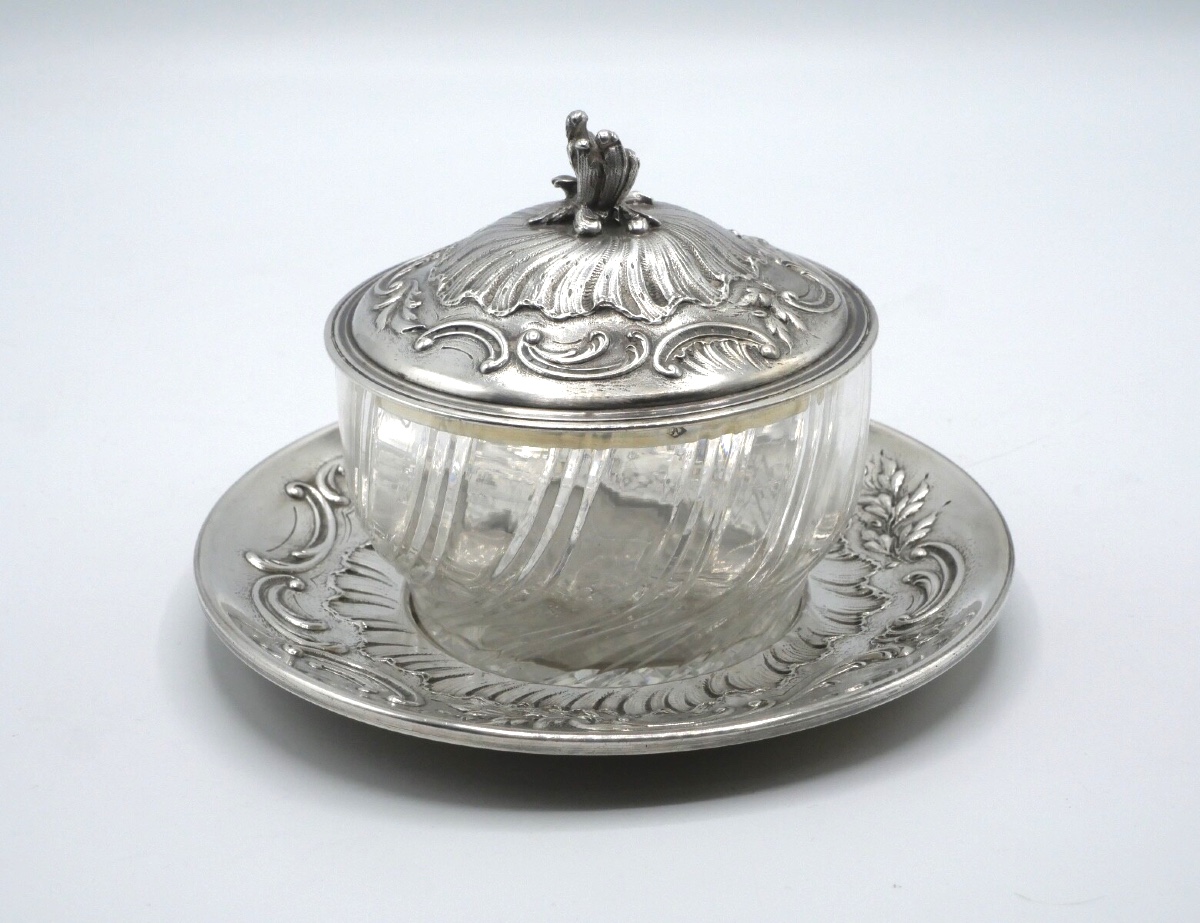 Petit Drageoir Ou Beurrier En Argent Massif Et Verre