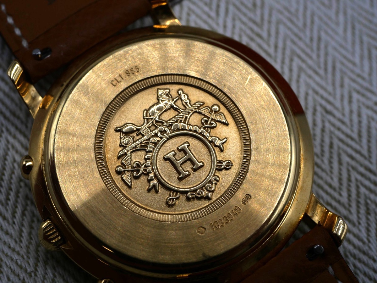 Hermes Clipper Model Watch With Gold Case And Leather Strap-photo-3