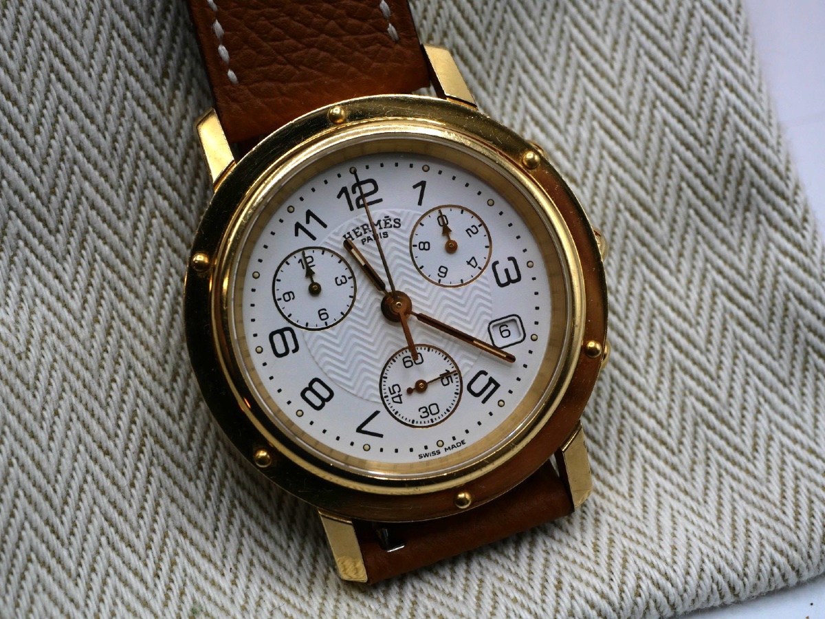 Hermes Clipper Model Watch With Gold Case And Leather Strap-photo-4