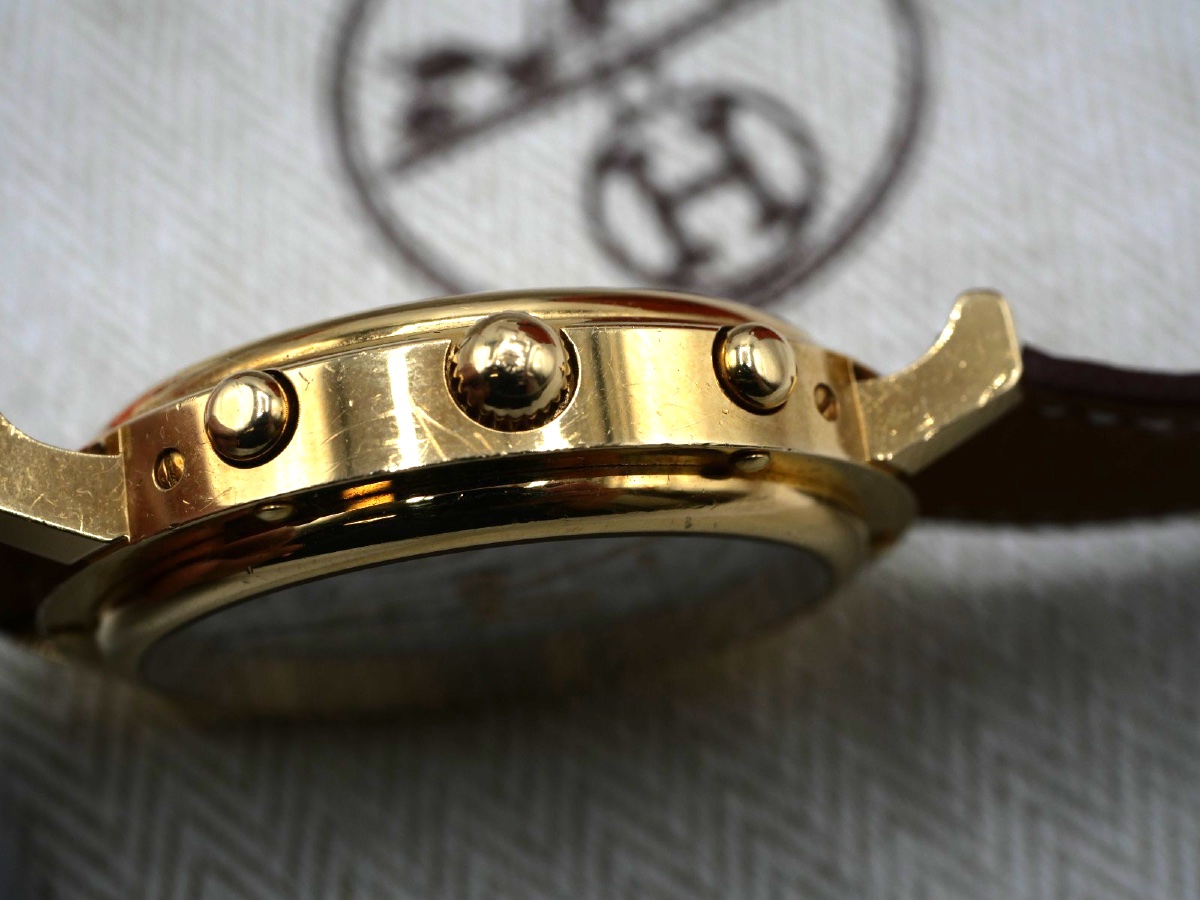Hermes Clipper Model Watch With Gold Case And Leather Strap-photo-1