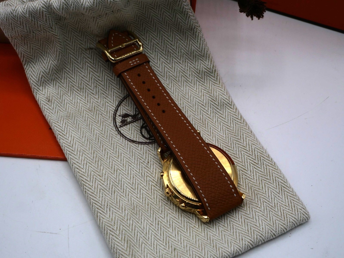 Hermes Clipper Model Watch With Gold Case And Leather Strap-photo-5
