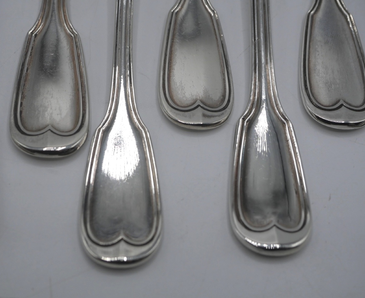 9 Solid Silver Filet Dessert Forks By Queillé, 19th Century-photo-4
