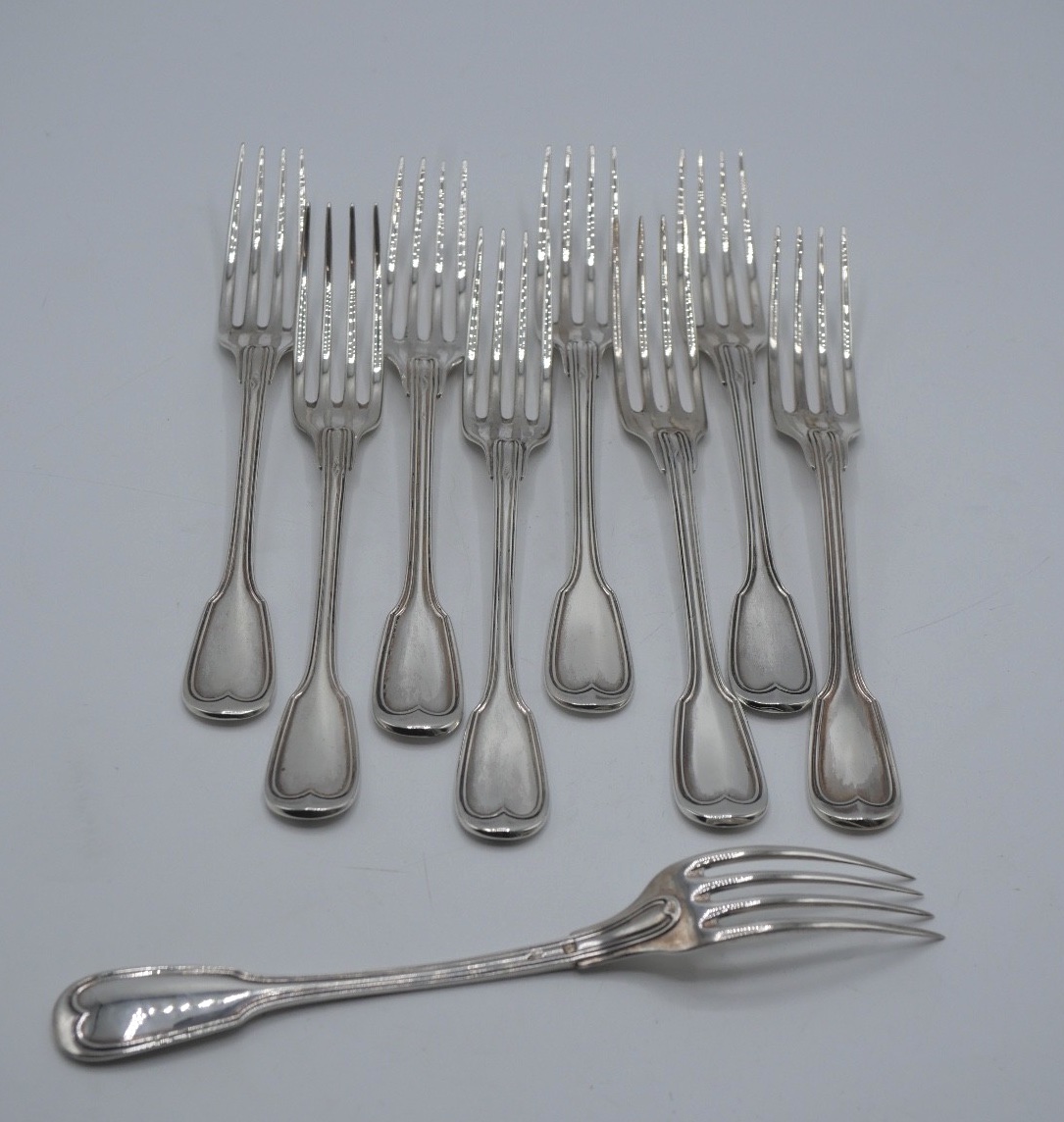 9 Solid Silver Filet Dessert Forks By Queillé, 19th Century-photo-3