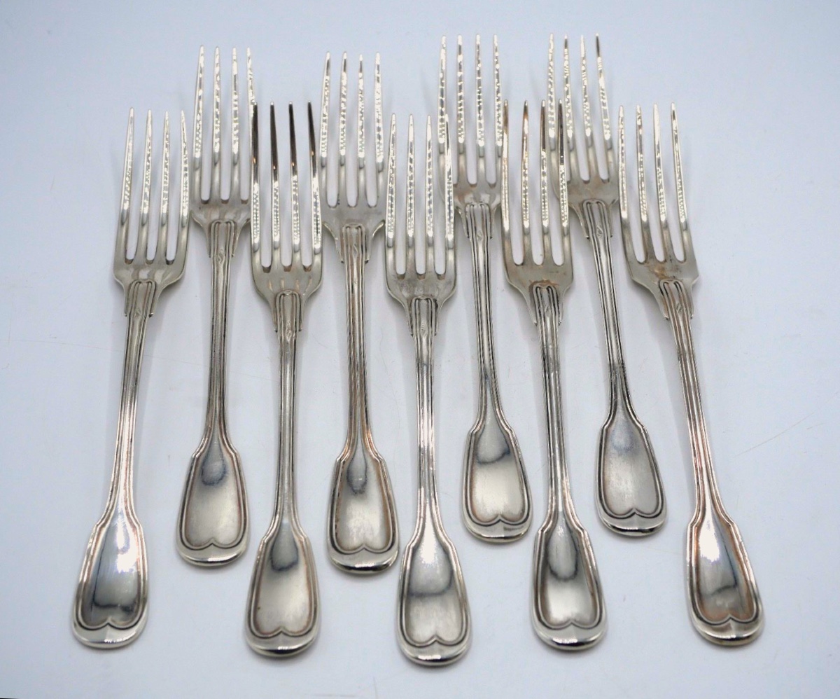 9 Solid Silver Filet Dessert Forks By Queillé, 19th Century