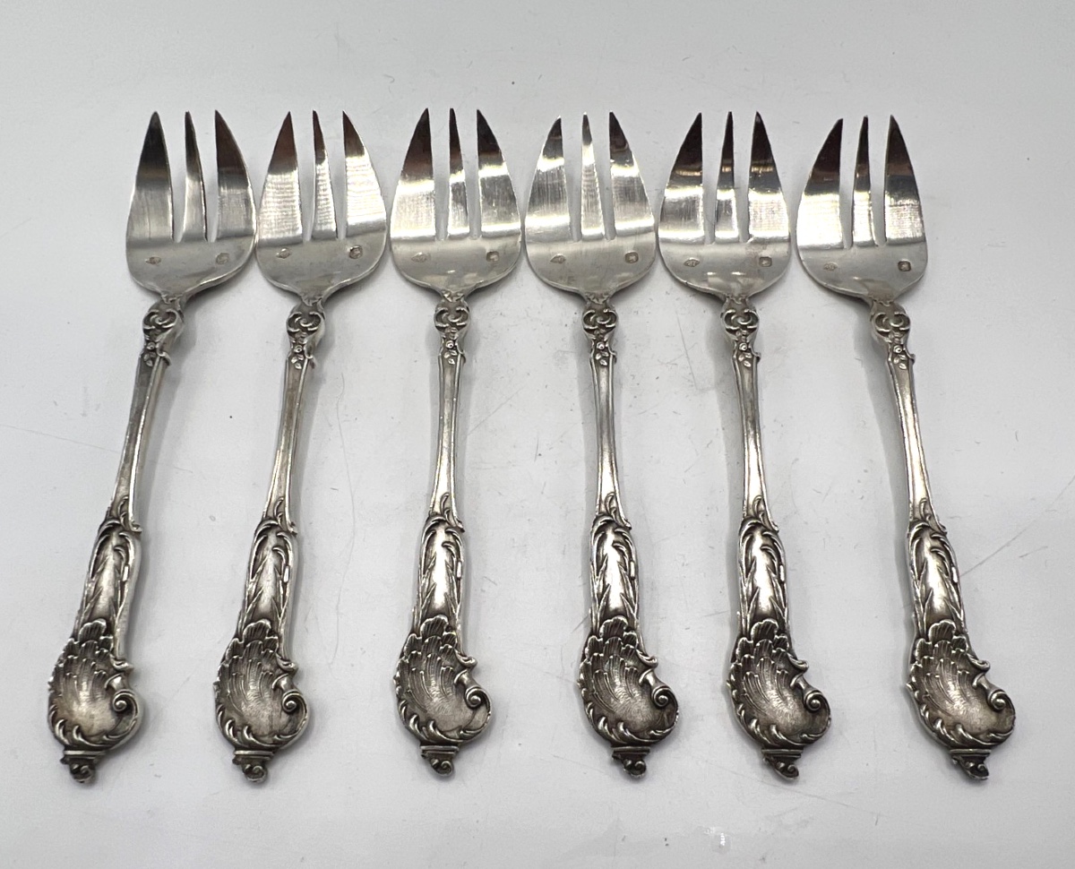 Set Of 6 Solid Silver Oyster Forks