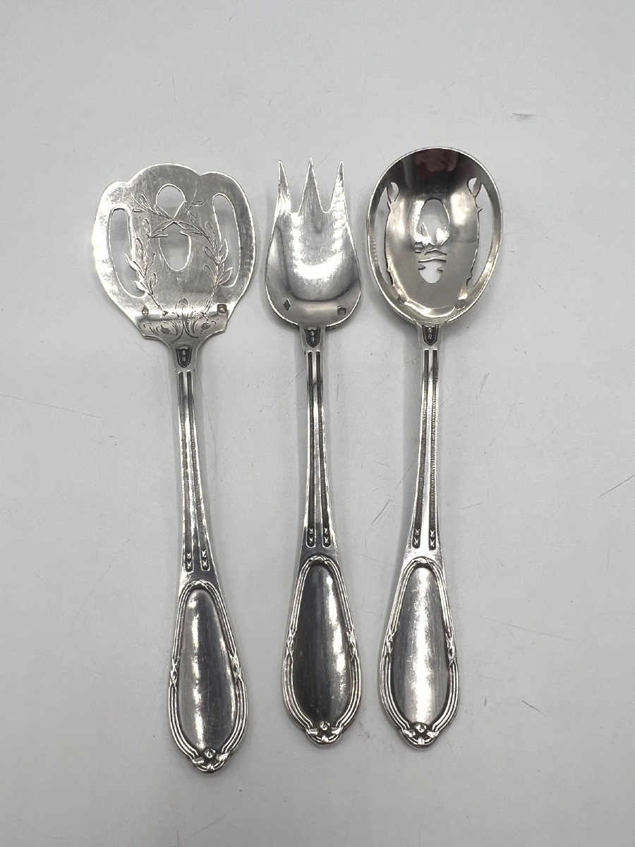 Service à hors d'oeuvres ou mignardises 3 pièces en argent massif