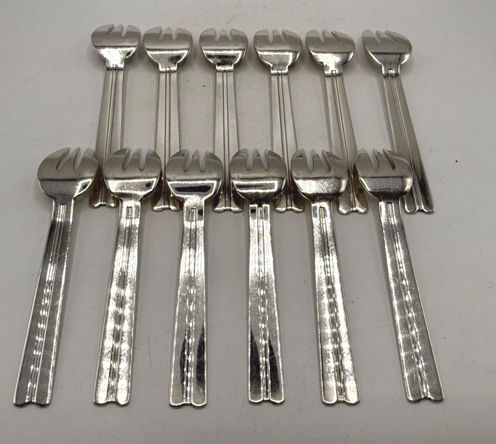 Suite Of 12 Solid Silver Art Deco Oyster Forks By Ravinet d'Enfert-photo-5