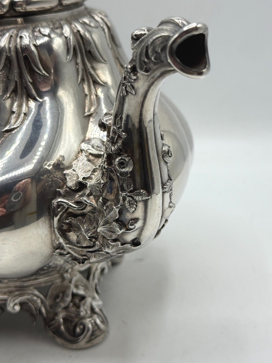 Teapot In 19th Century Sterling Silver, Naturalistic Design-photo-7