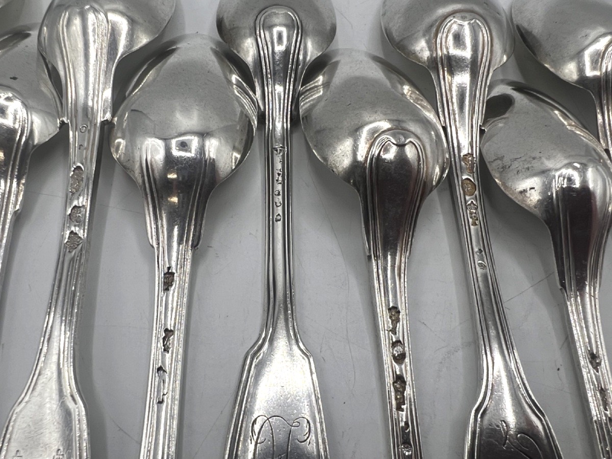 Suite de 15 cuillères à café en argent massif époque 18ème-photo-3