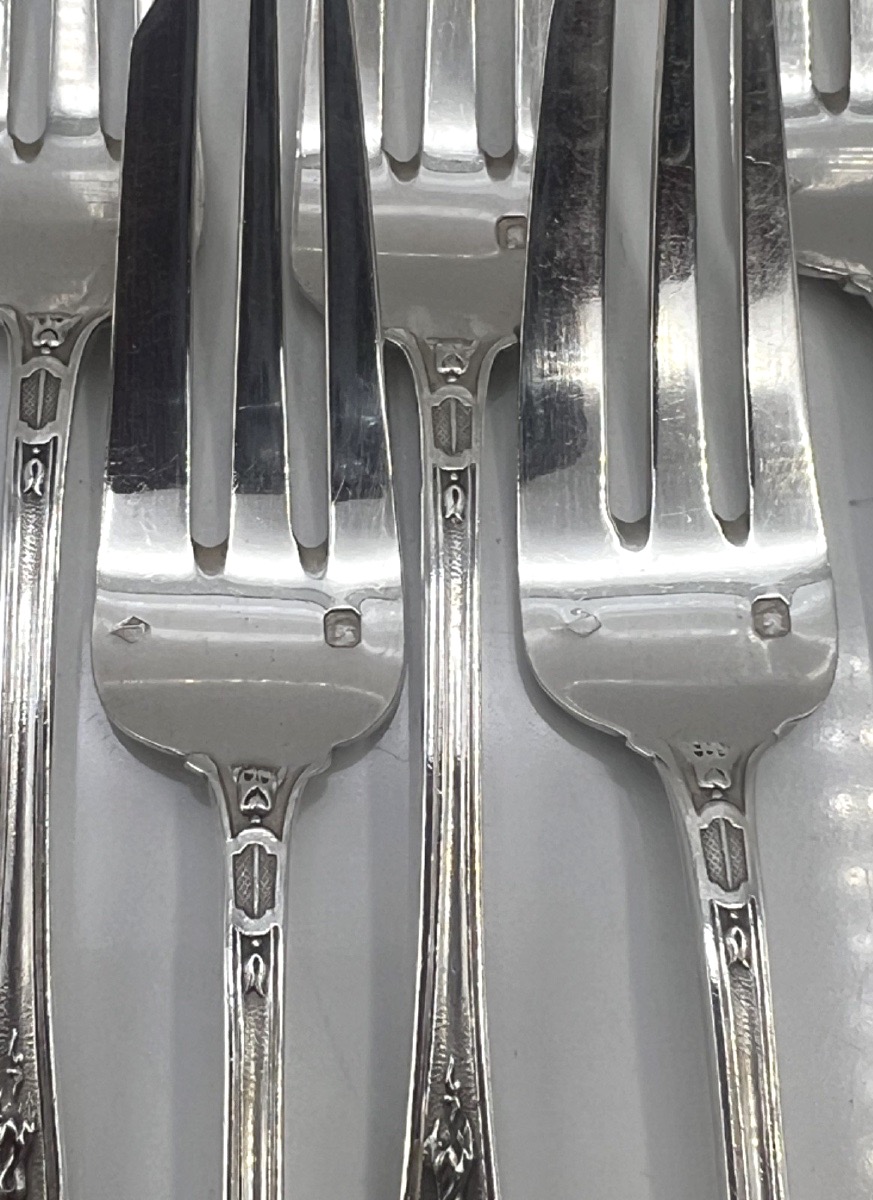 Set Of 12 Solid Silver Cake Forks By Ernest Combeau-photo-3