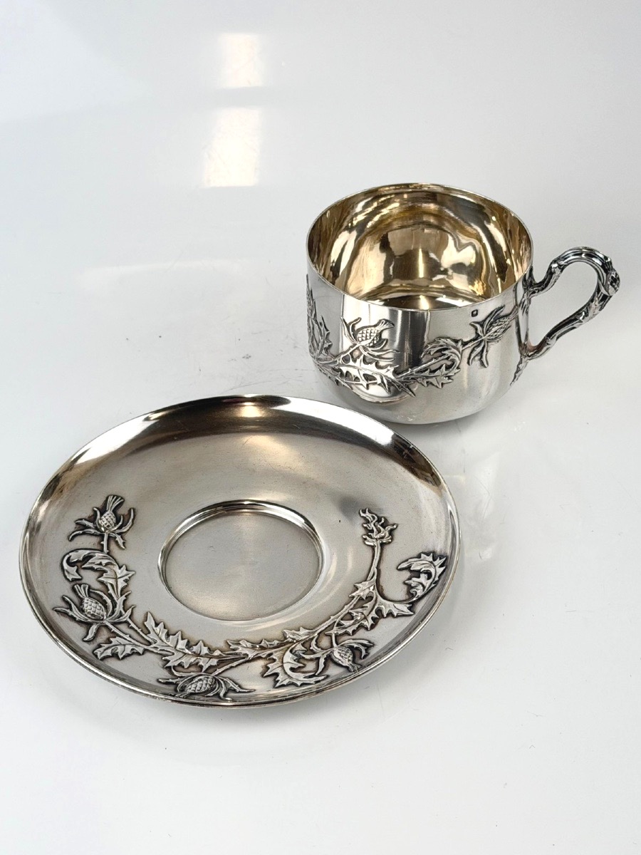 Tasse et sous-tasse en argent massif Art Nouveau-photo-3