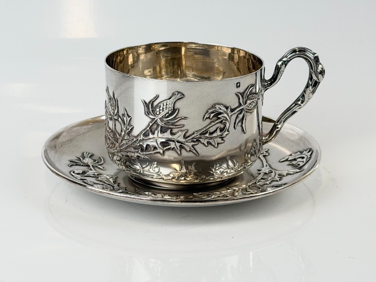 Tasse et sous-tasse en argent massif Art Nouveau-photo-6