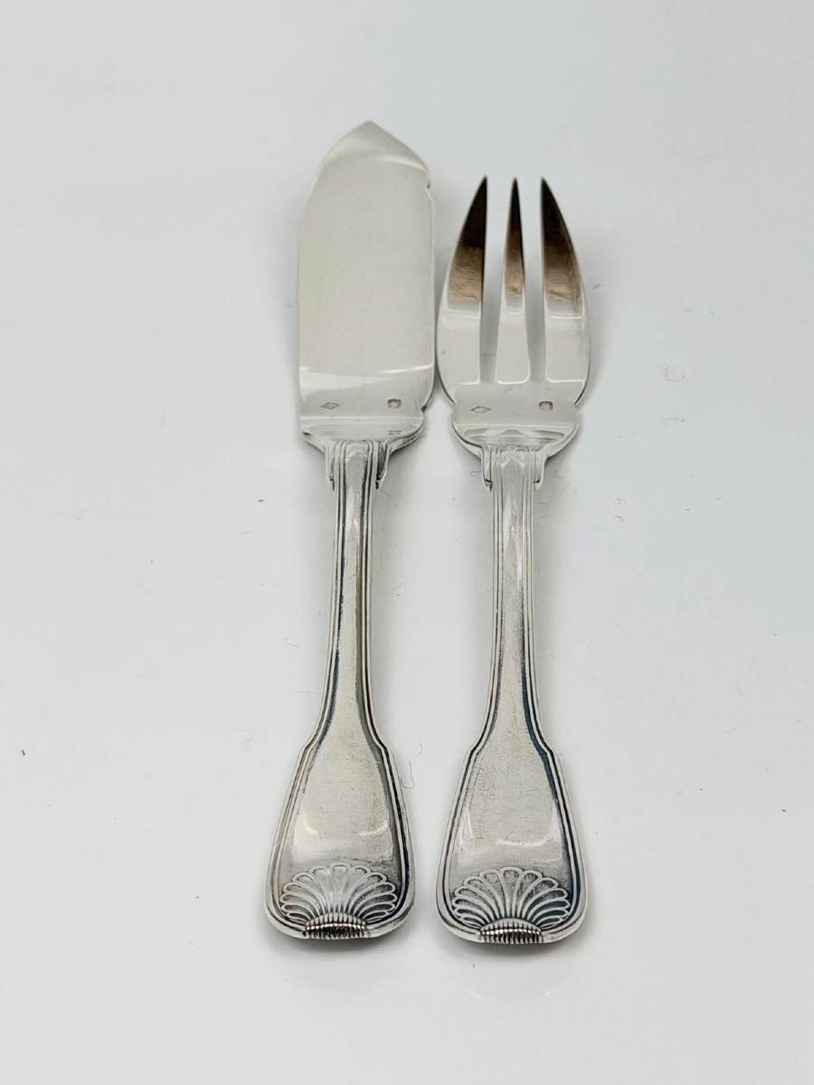 26-piece Solid Silver Fish Serving Set, Coat Of Arms, Seashell-photo-4