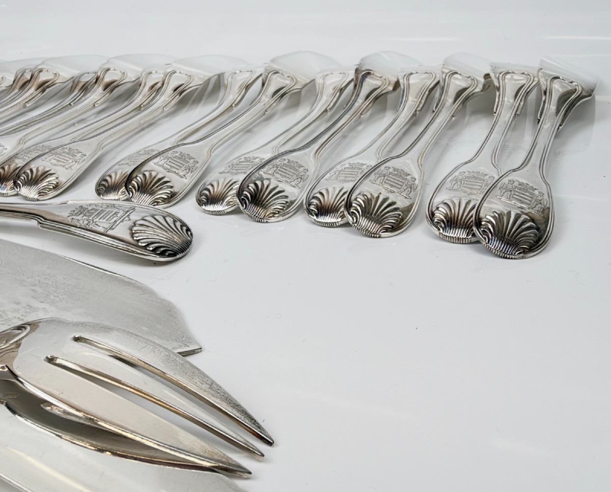 26-piece Solid Silver Fish Serving Set, Coat Of Arms, Seashell-photo-5