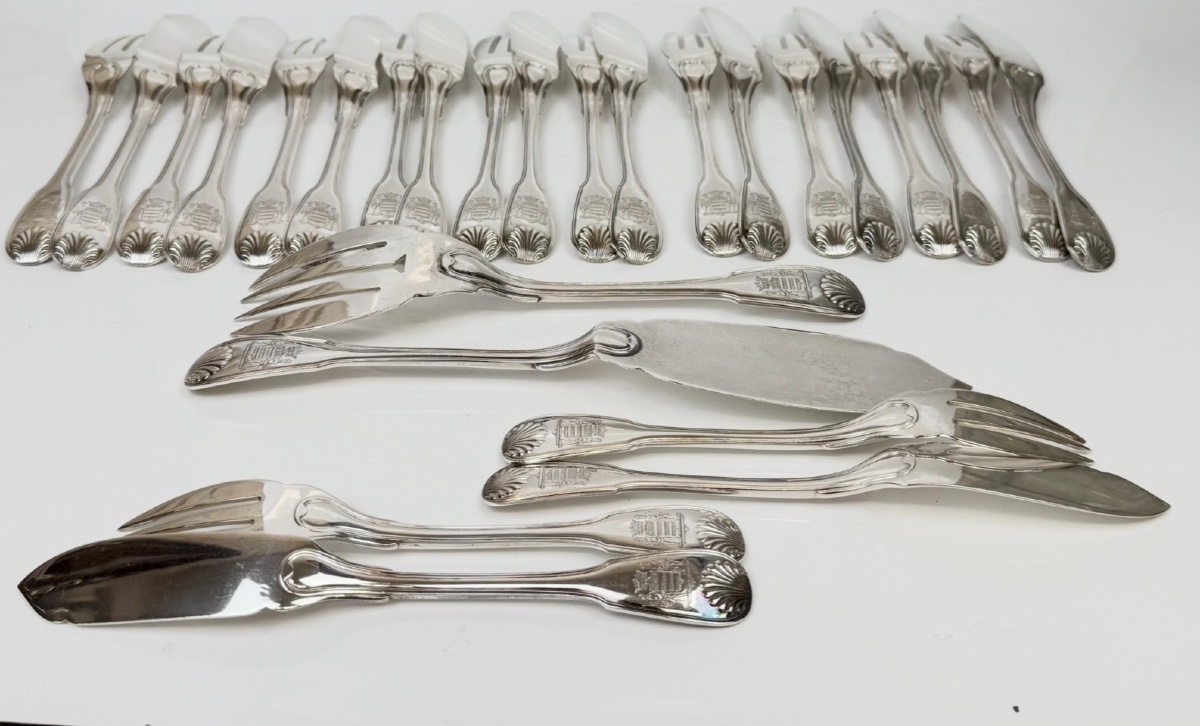 26-piece Solid Silver Fish Serving Set, Coat Of Arms, Seashell-photo-6