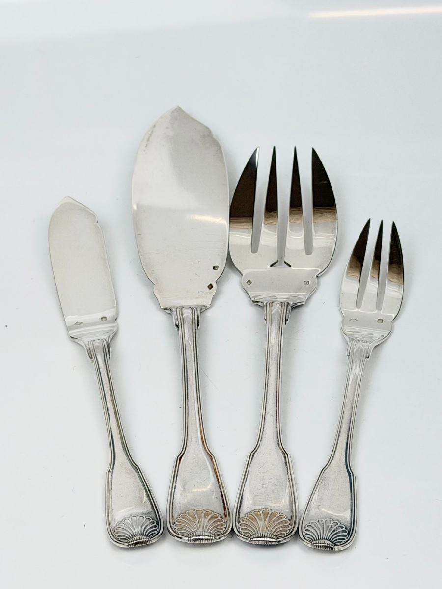 26-piece Solid Silver Fish Serving Set, Coat Of Arms, Seashell-photo-7